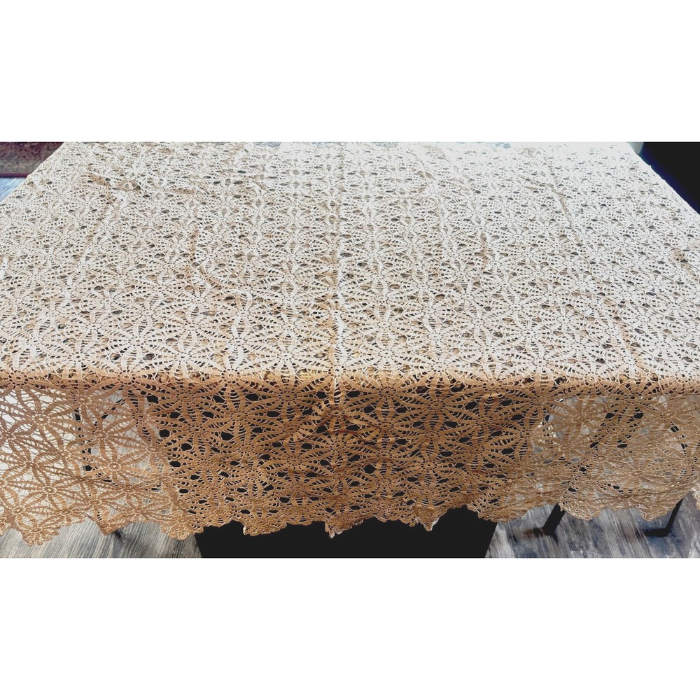 Vintage Crochet Lace Tablecloth Granny Core Ecru Handmade 62" x 41" Rectangle